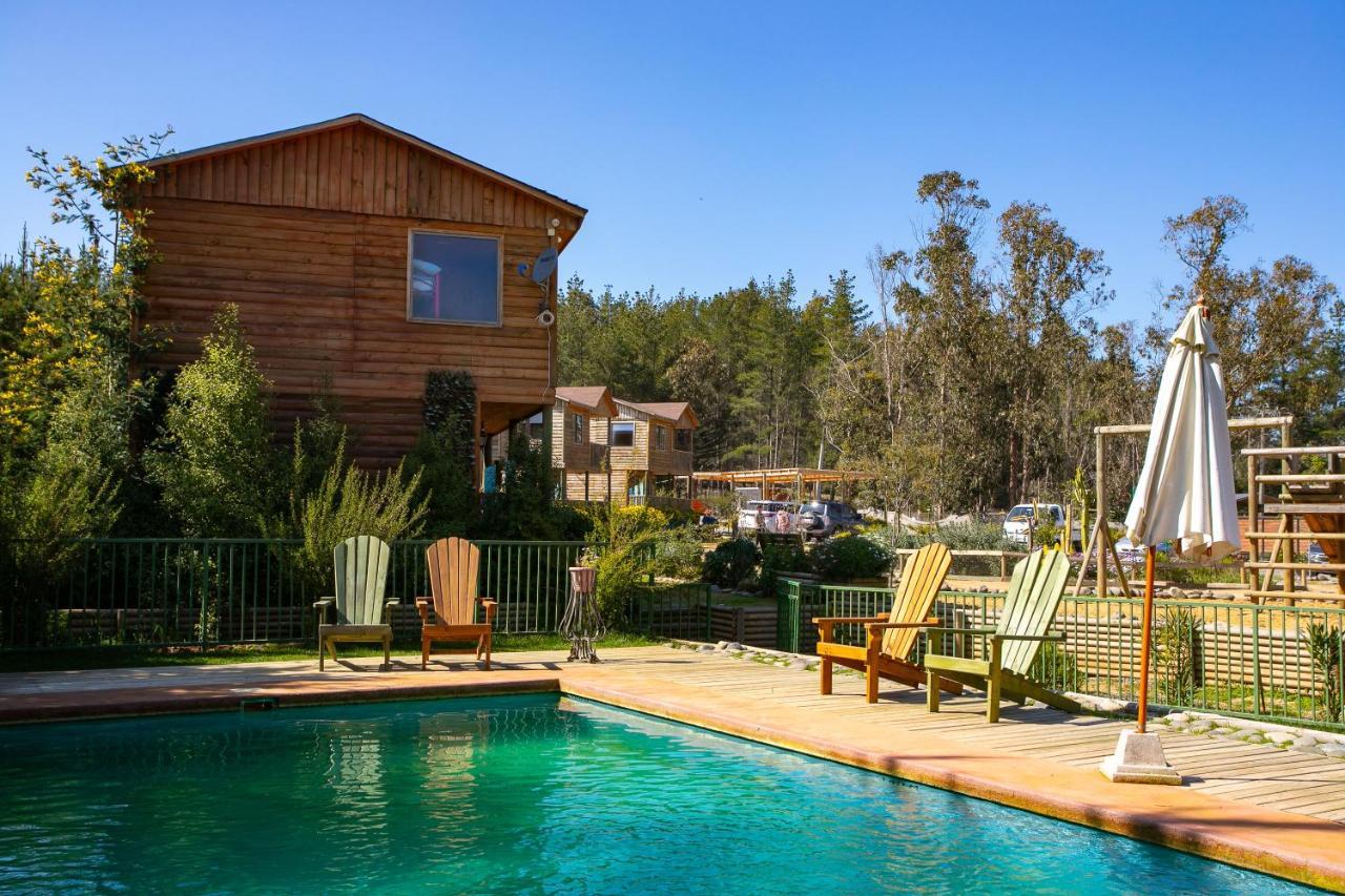 Cabaña en Tunquén, bosque, piscina y vista al mar Esterno foto